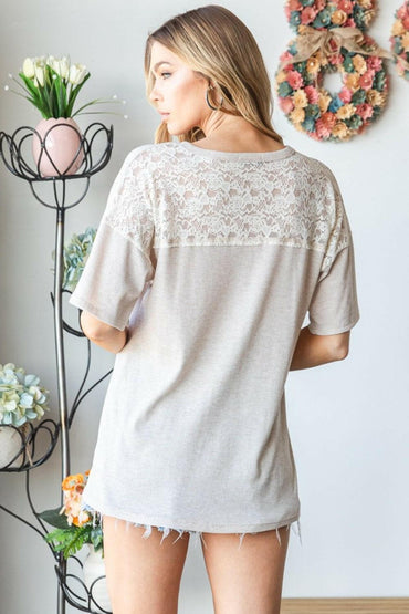 Heimish Full Size Lace Front Pocket Drop Shoulder Top.