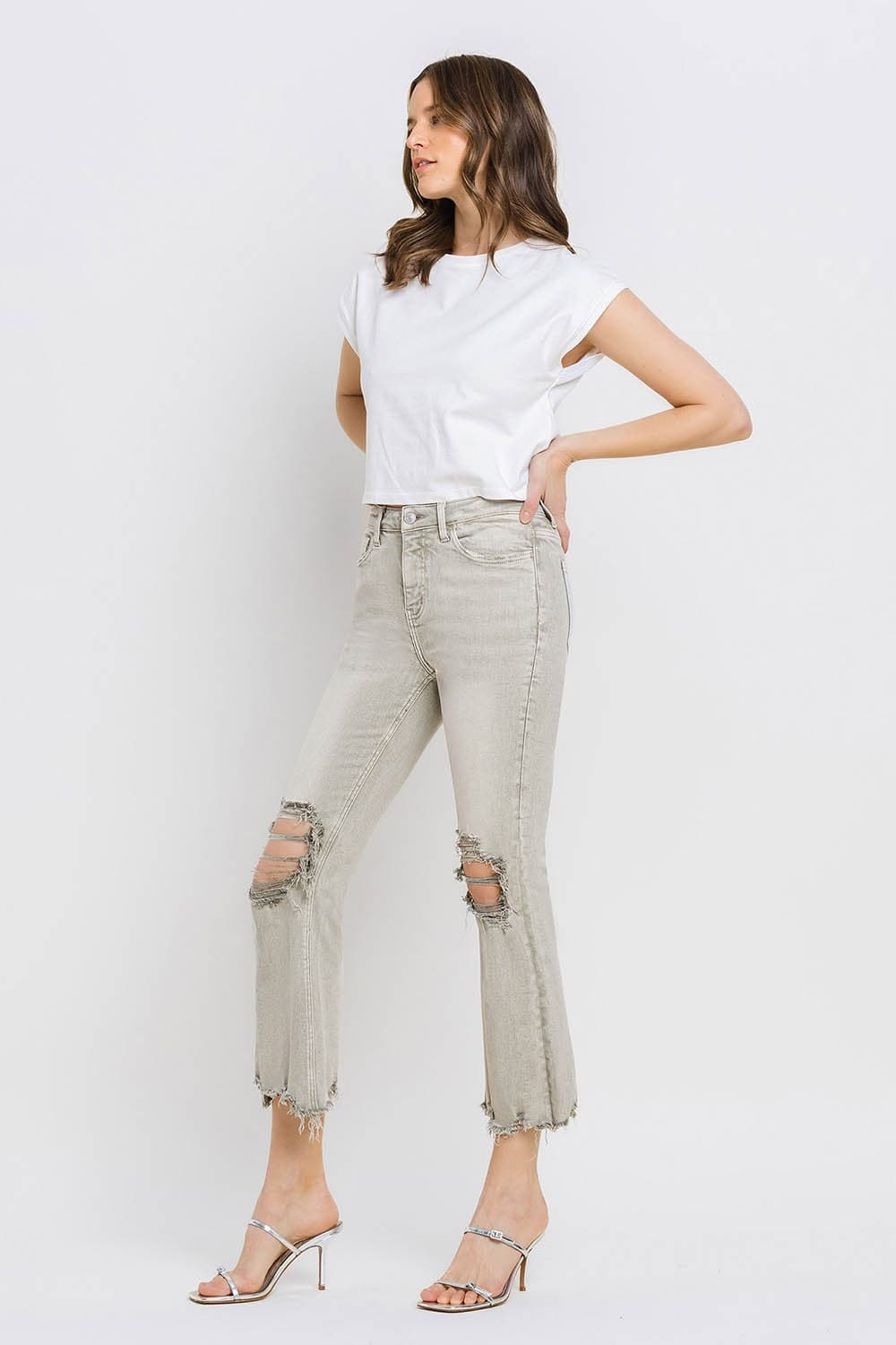 Lovervet Distressed Raw Hem Cropped Flare Jeans.