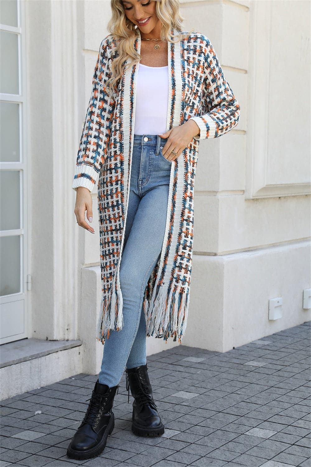 Multicolored Open Front Fringe Hem Cardigan.