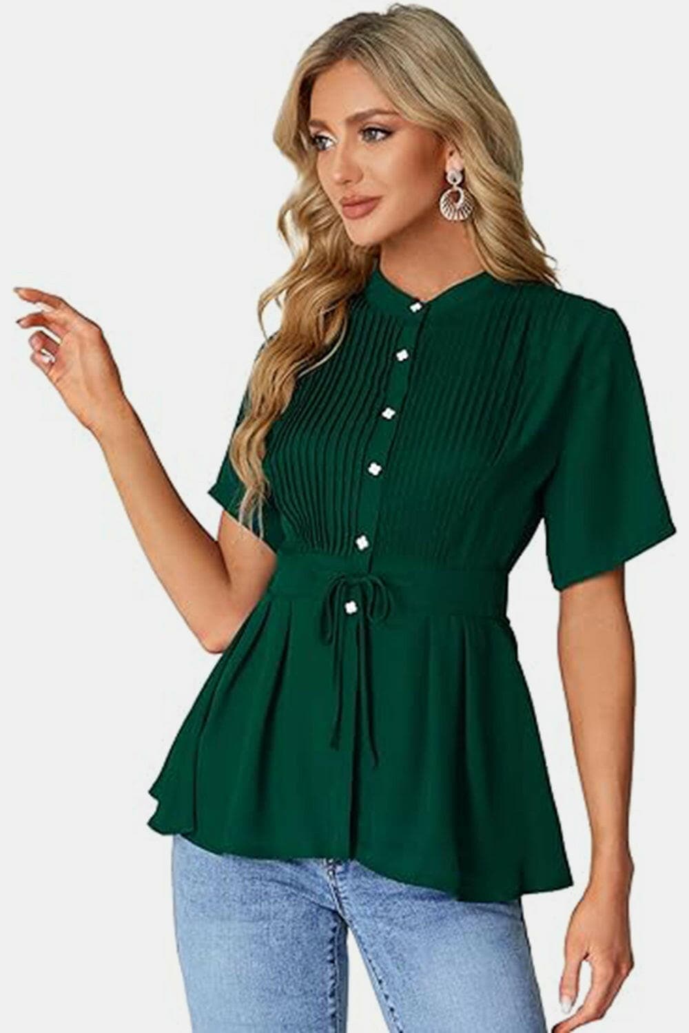 Tied round neck short sleeve blouse in green with buttoned detail and chic design.