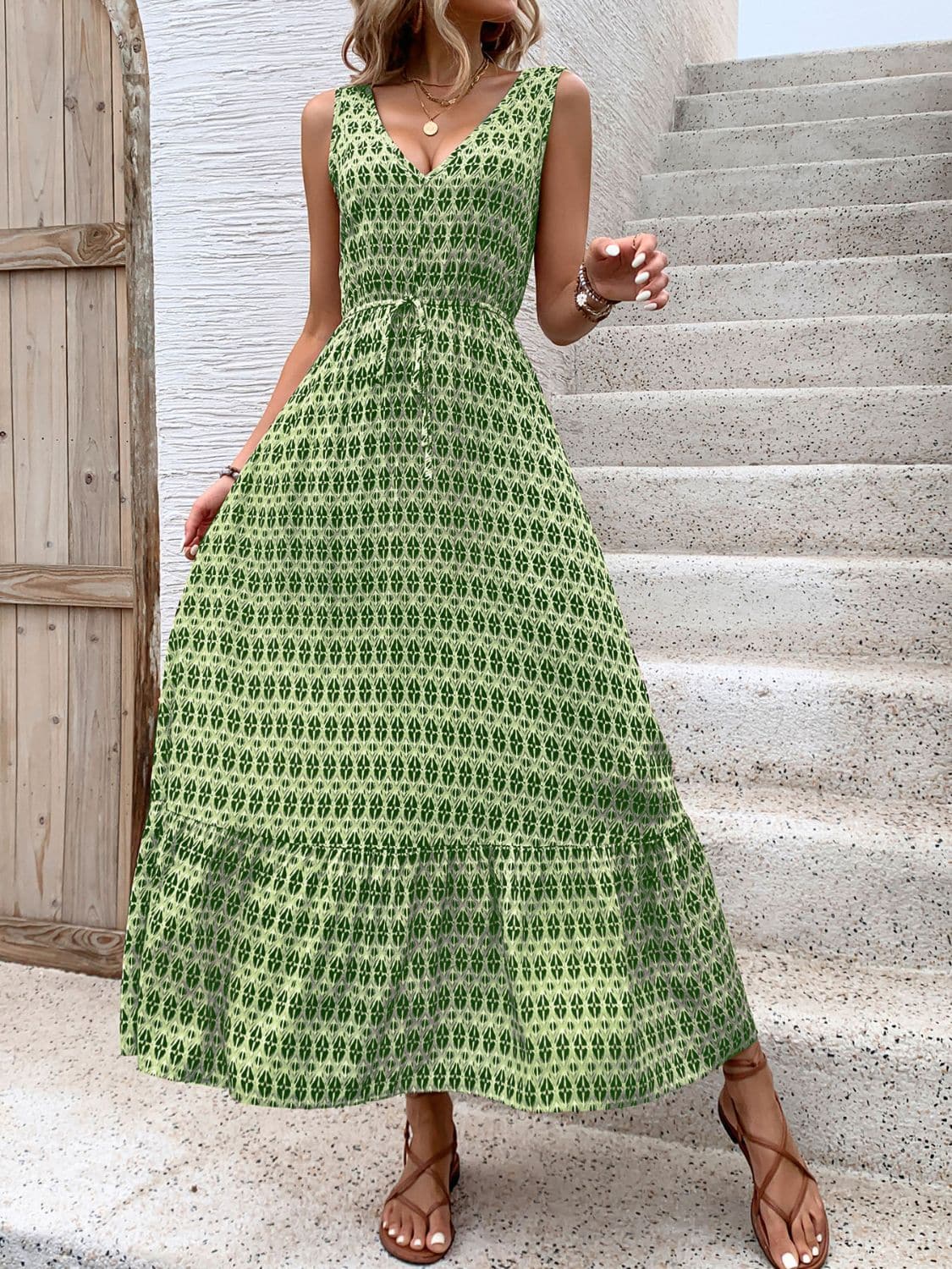 Printed V-Neck Tie Waist Midi Dress.