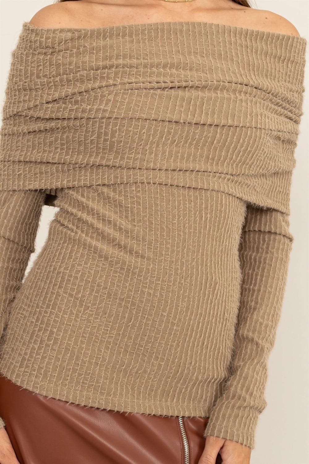 HYFVE Fuzzy Off shoulder Textured Knit Top.