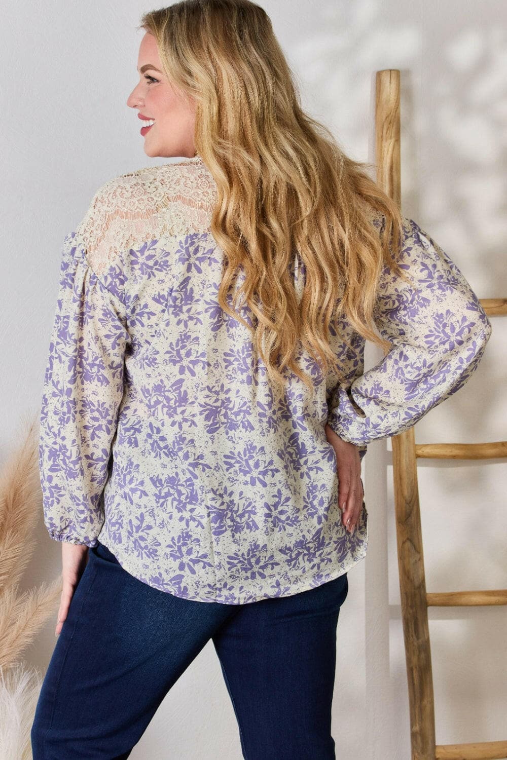 Hailey & Co Full Size Lace Detail Printed BlouseExperience Elegance and Style
 The Hailey &amp; Co Full Size Lace Detail Printed Blouse is the perfect combination of delicate lace accents and vibrant prints, makinLove Salve Full Size Lace Detail Printed BlouseBlouses