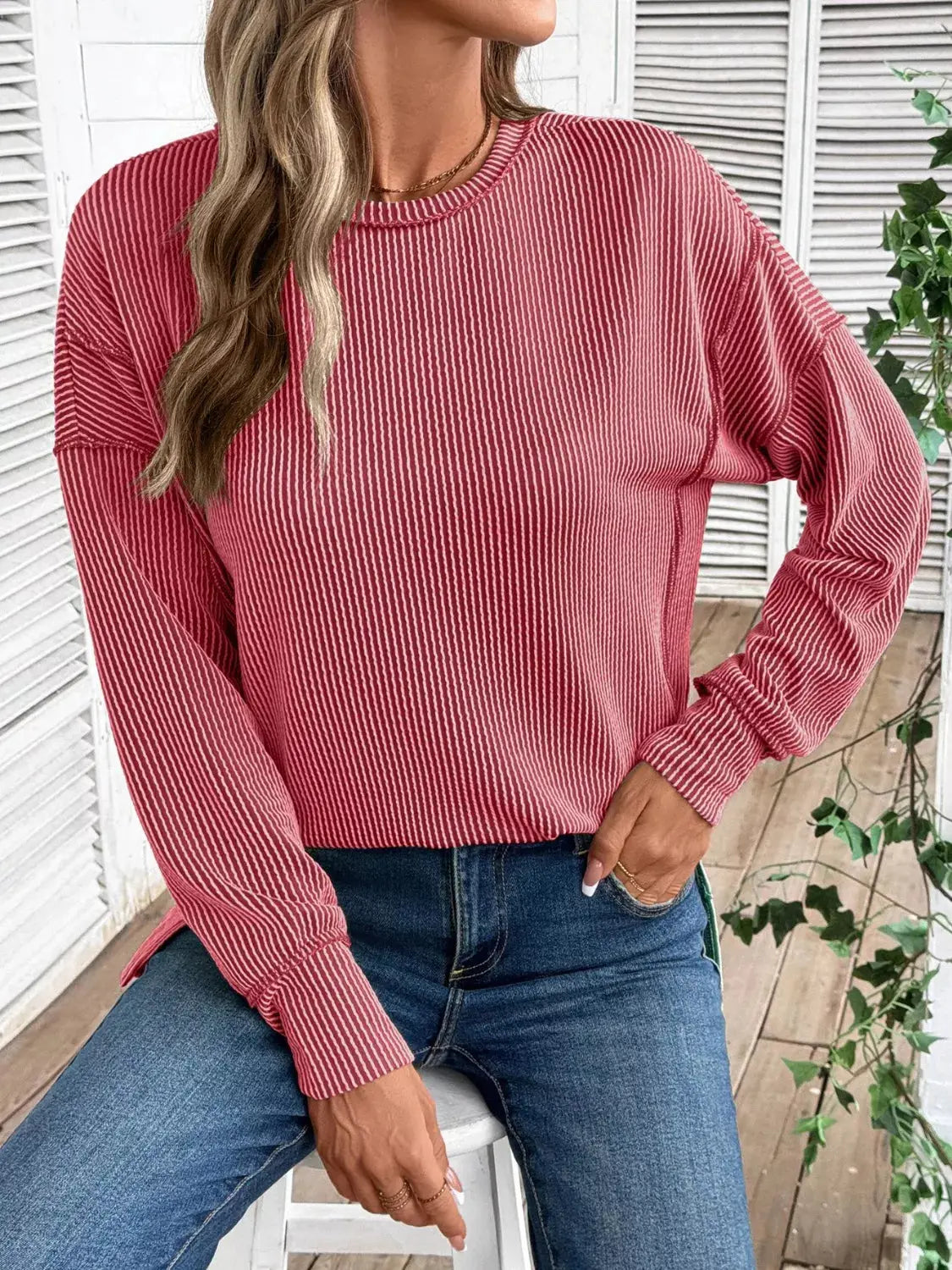 Side Slit Round Neck Sweatshirt Simply Love