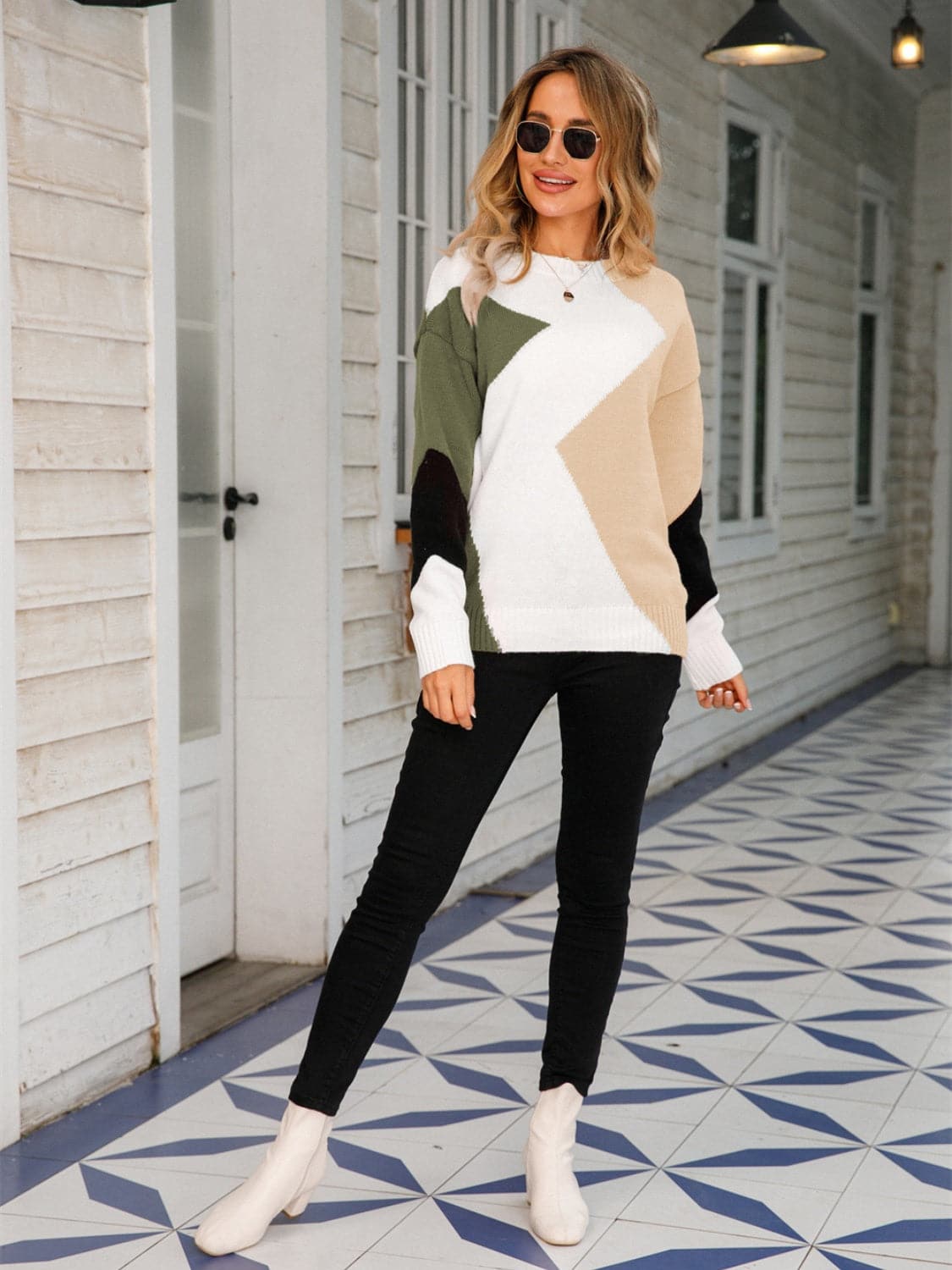 Color Block Round Neck Dropped Shoulder Sweater.