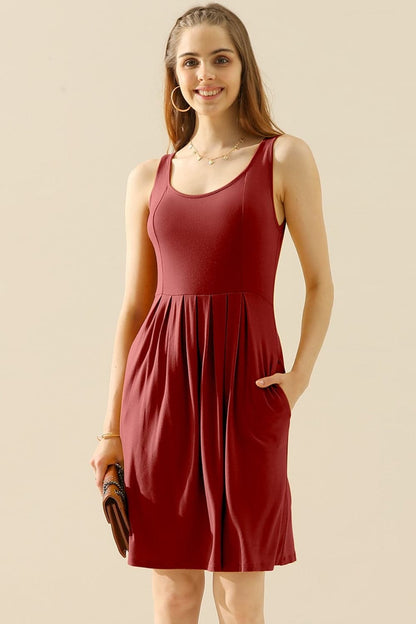 Doublju Full Size Round Neck Ruched Sleeveless Dress with Pockets.