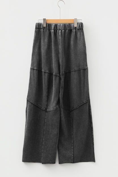 Premium Black Mineral Wash Tiered Wide Leg Patchwork Drawstring Pants