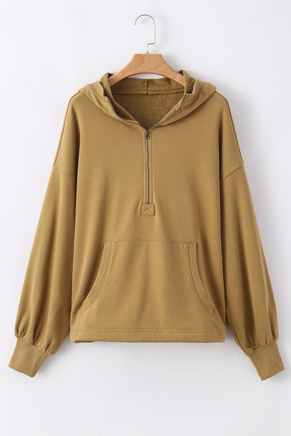 Brown Solid Kangaroo Pocket Half Zipper Oversized Hoodie