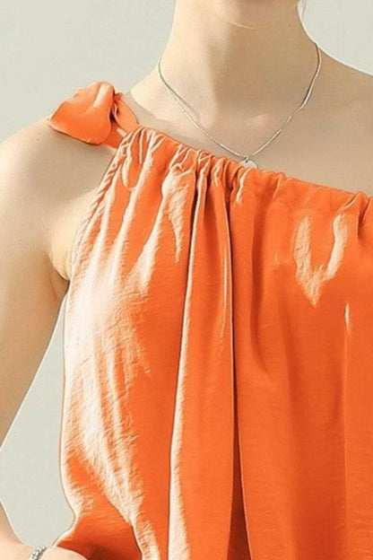 Ninexis One Shoulder Bow Tie Strap Satin Silk Top.