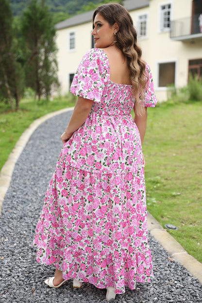 Chic pink floral plus size smocked maxi dress with puff sleeves