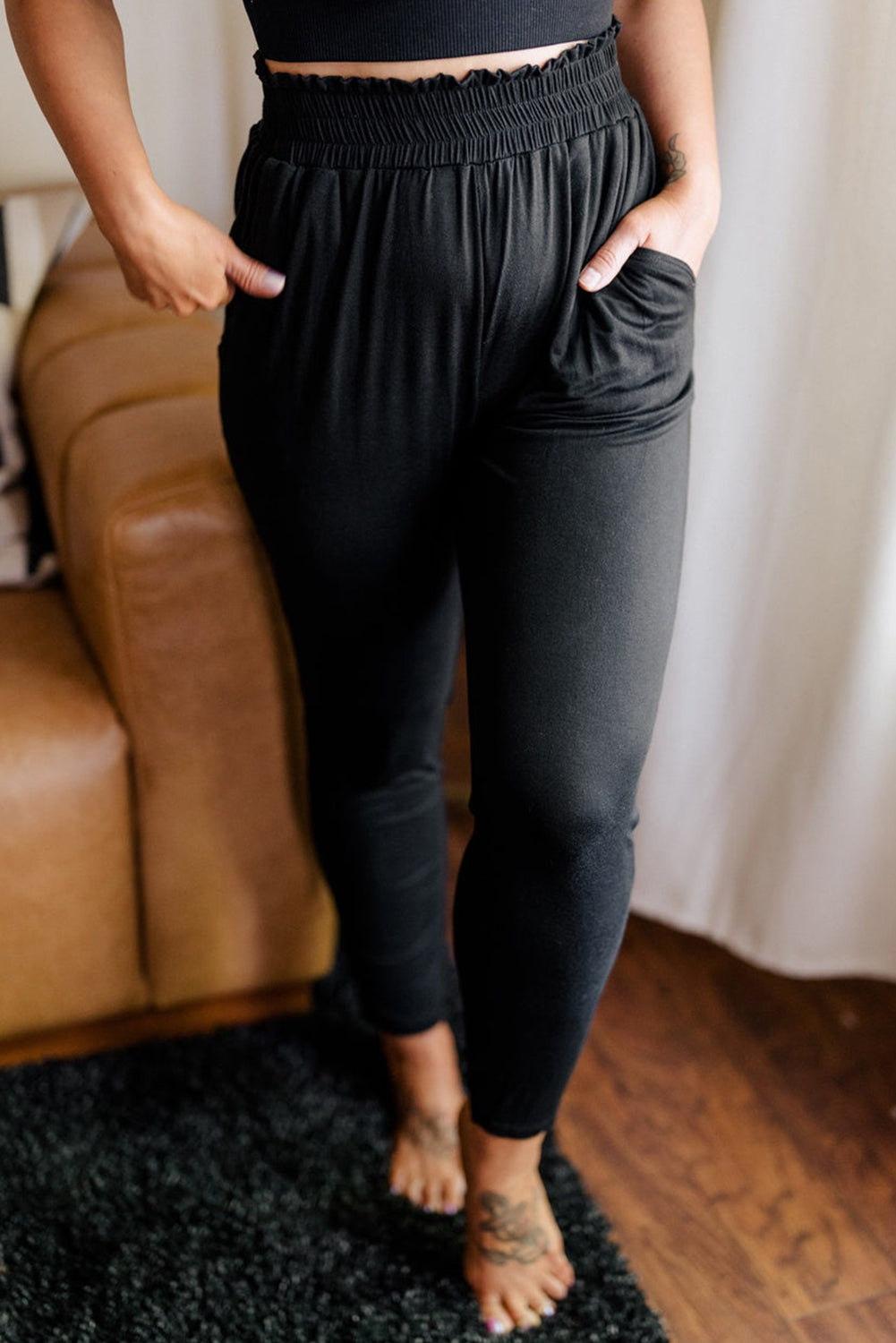 Elegant black plus size high waist frill soft pants with pockets