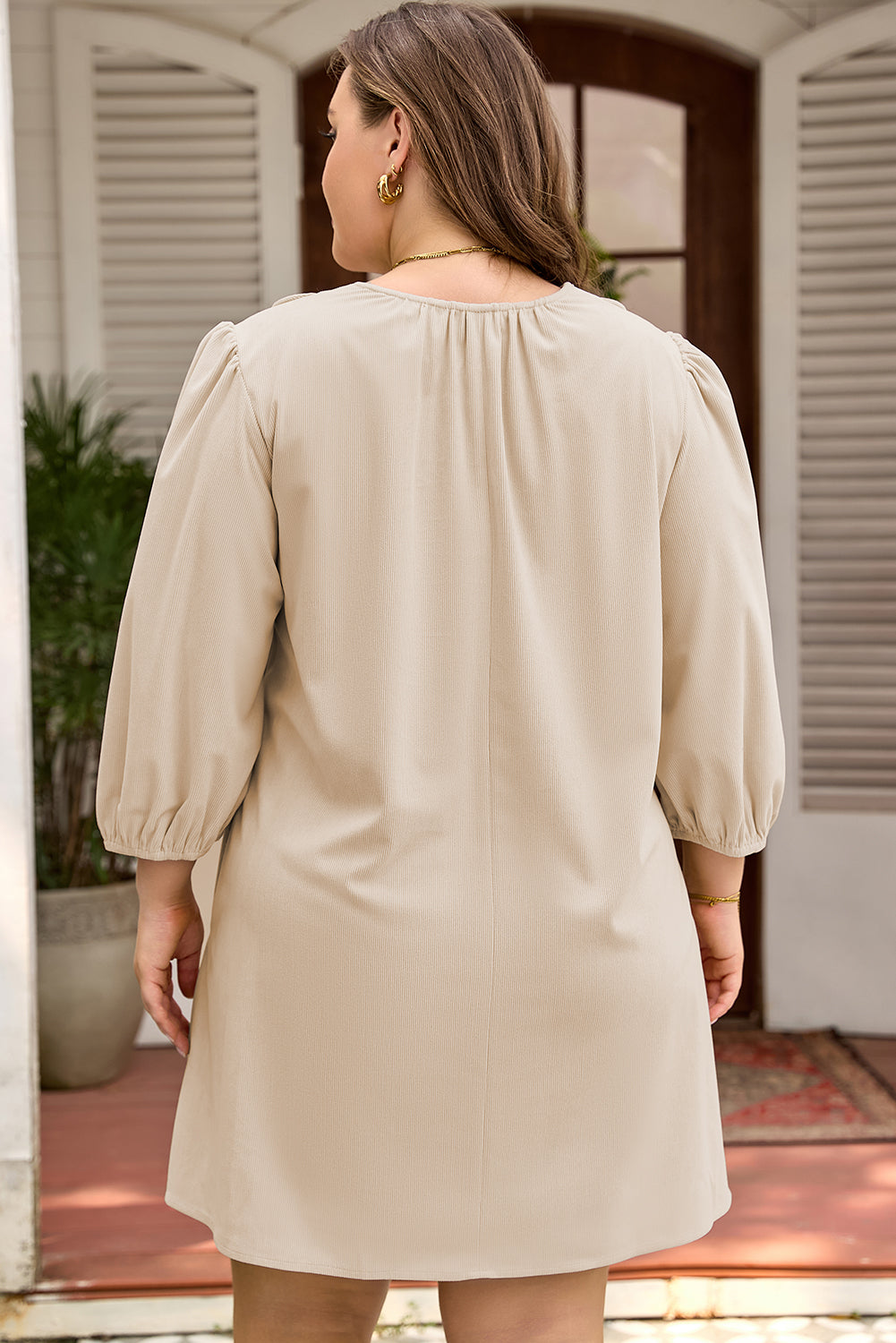 Parchment Notched Neck Scallop Detail Plus Size Mini Dress Dear-Lover Dropshipping