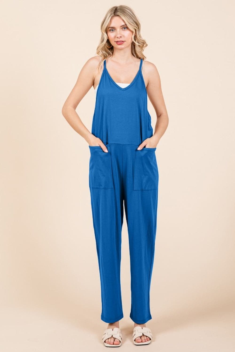 Culture Code Full Size Sleeveless Jumpsuit with Pockets.