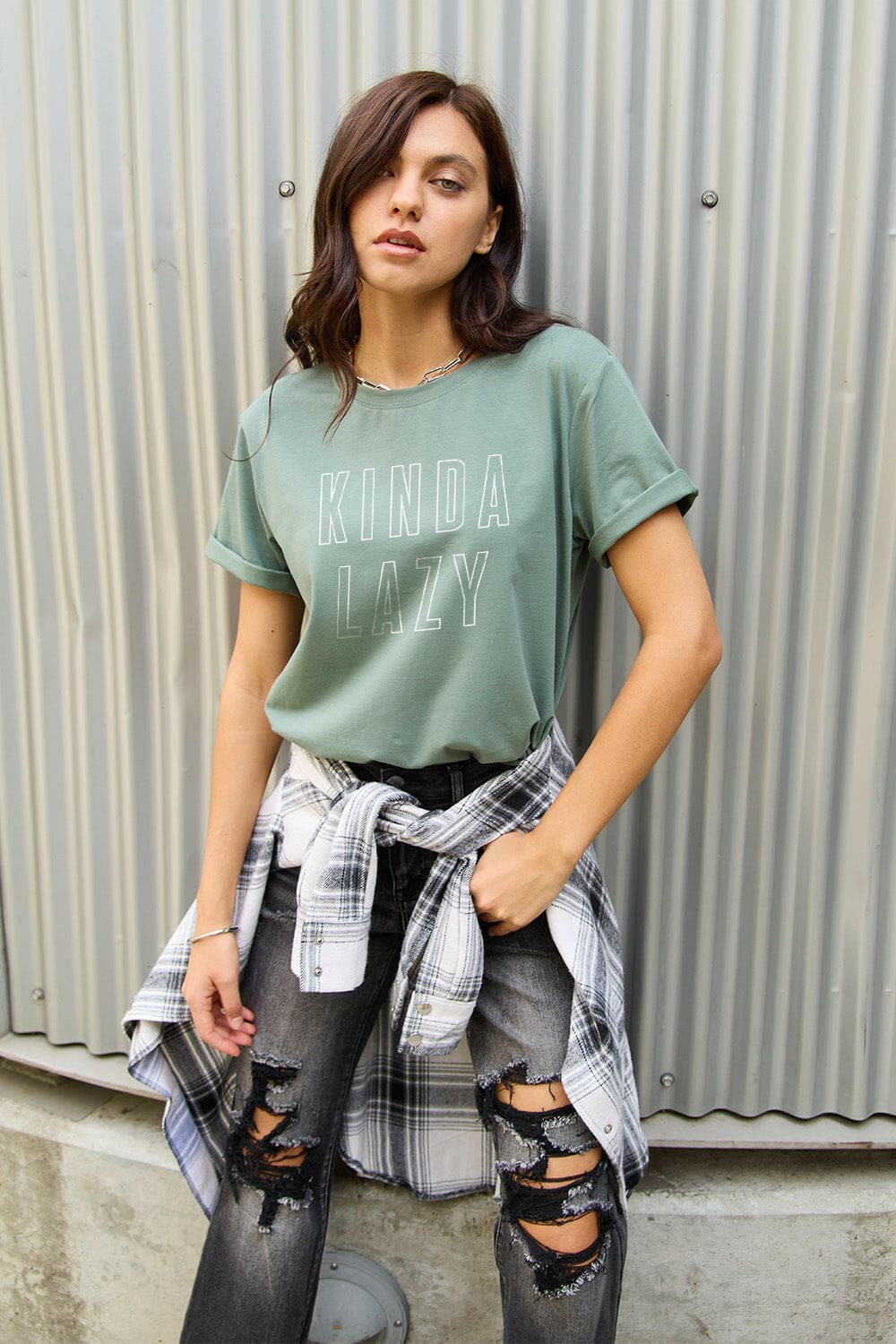 Simply Love Full Size KINDA LAZY Round Neck T-Shirt.