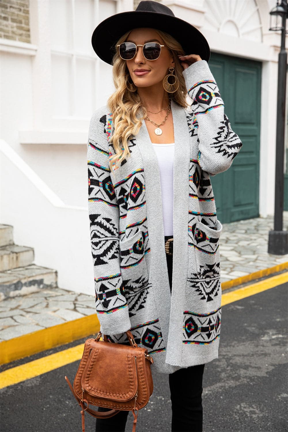 Pocketed Geometric Open Front Dropped Shoulder Cardigan.