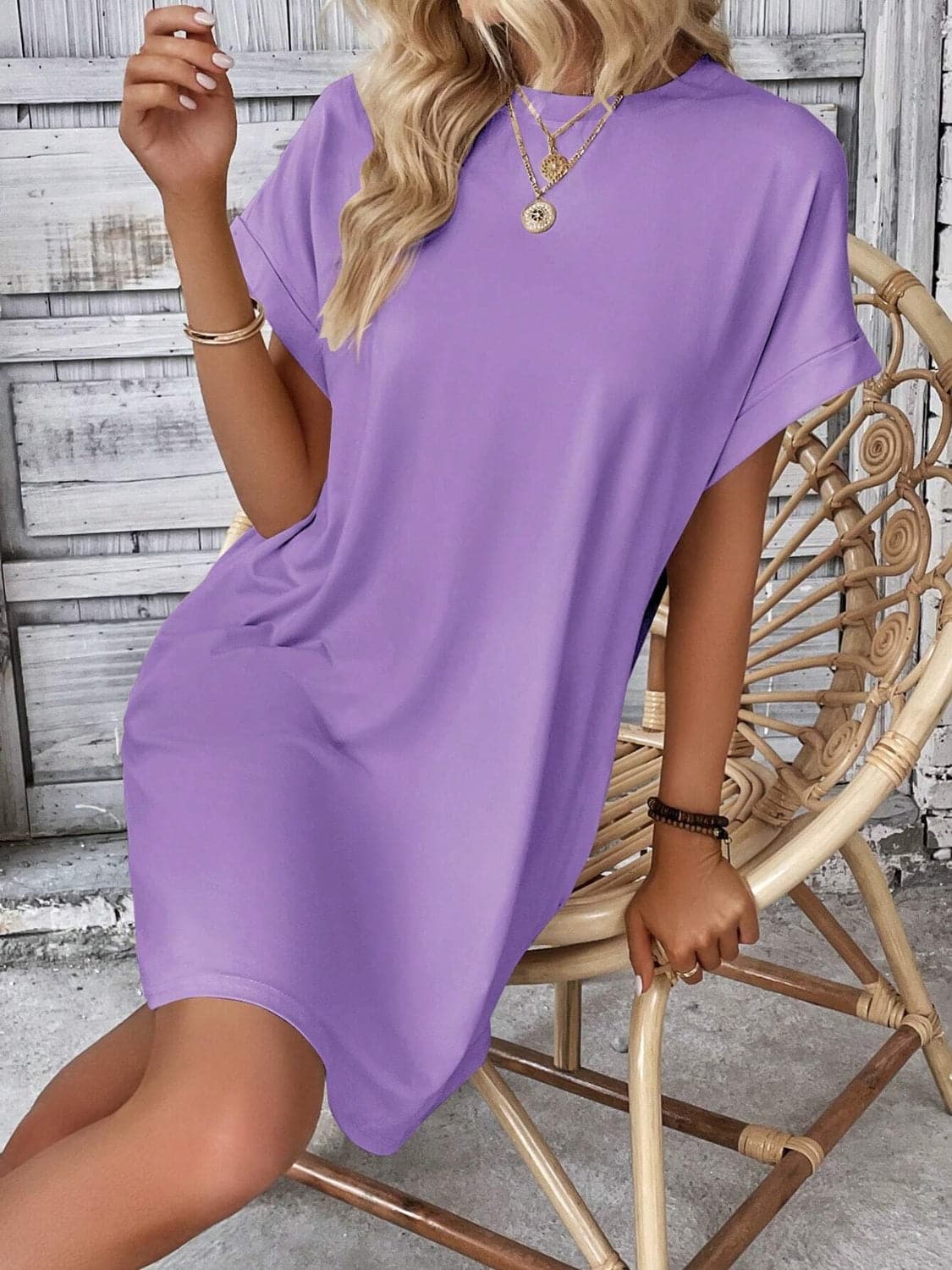 Round Neck Short Sleeve Mini Dress.