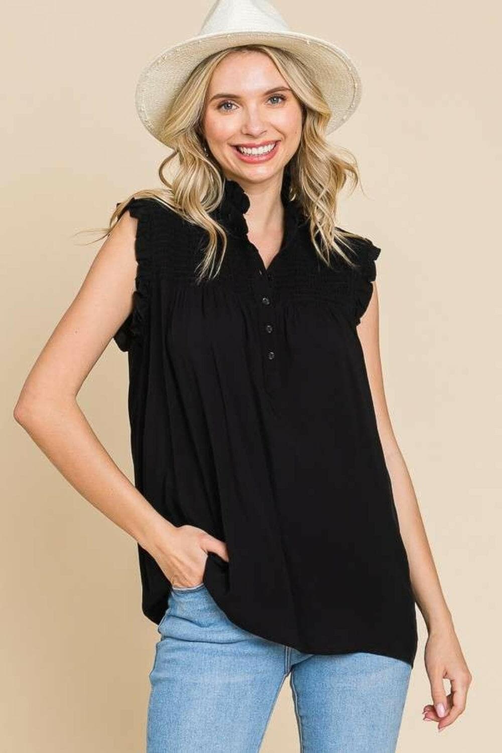 Culture Code Full Size Frill Edge Smocked Sleeveless Top.