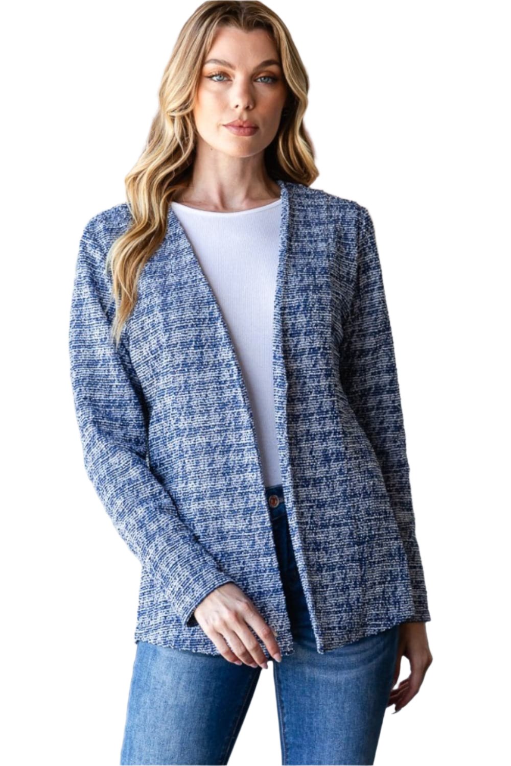 Chic houndstooth tweed open front blazer for effortless style