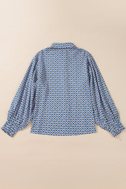 Sky Blue Abstract Print Shirred Cuff Buttoned Oversized Shirt