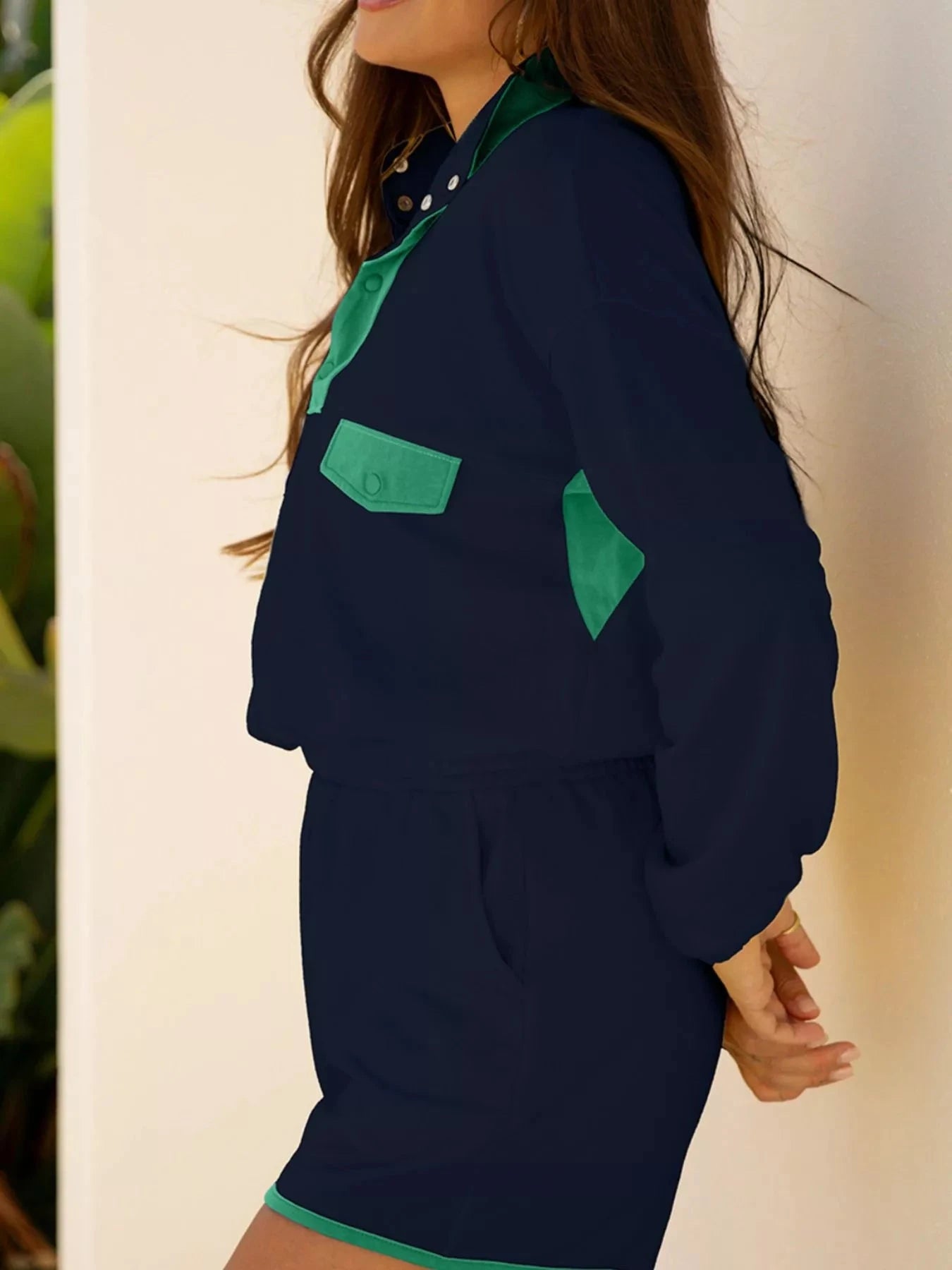 Color Block Patchwork Half Button Pullover and Shorts 2pcs Outfit Coco’s Tee Boutique