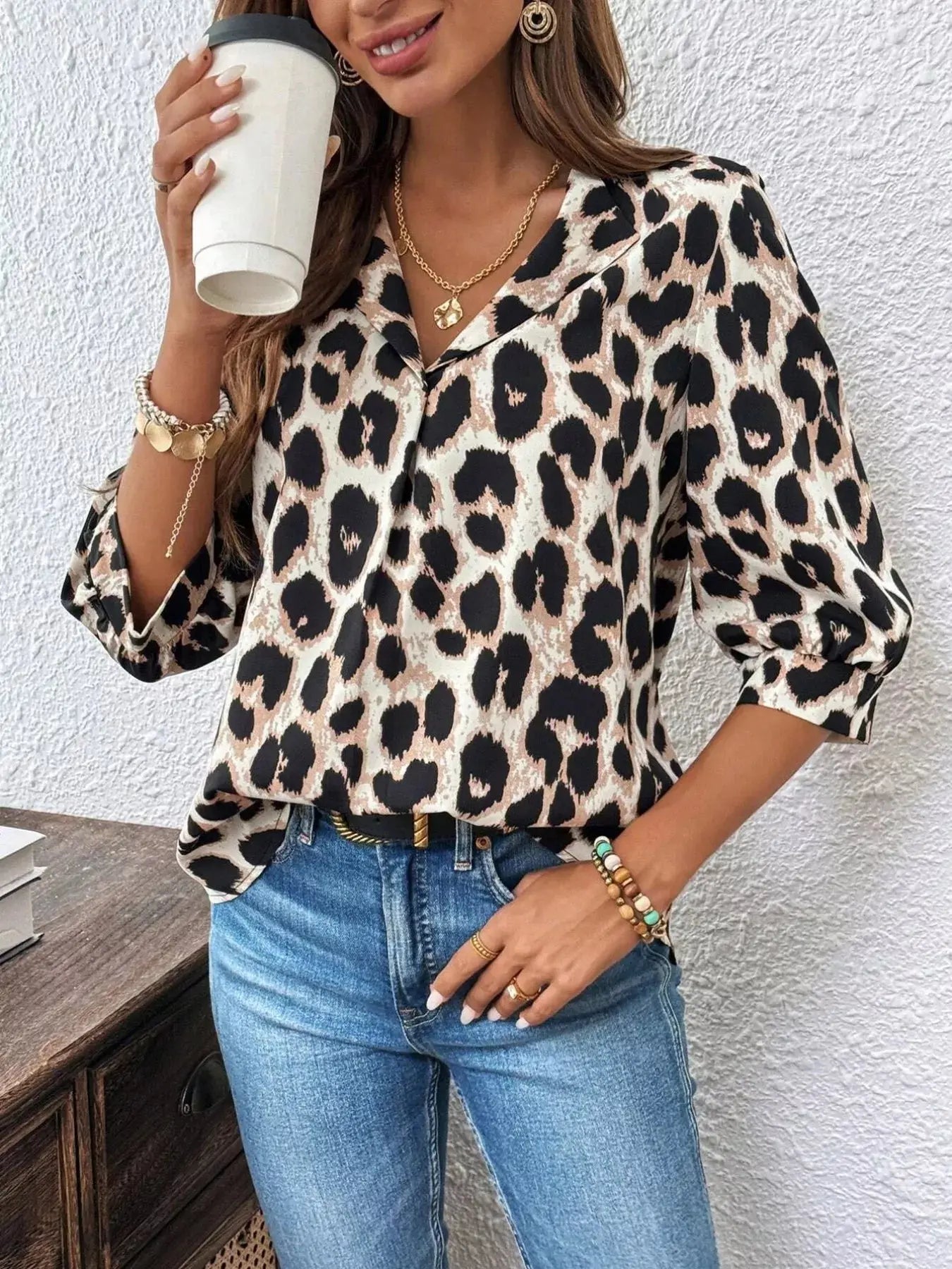Leopard Print 3/4 Sleeve Blouse Simply Love
