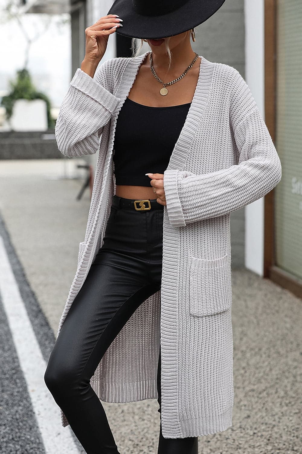 Dropped Shoulder Long Sleeve Cardigan with Pocket.