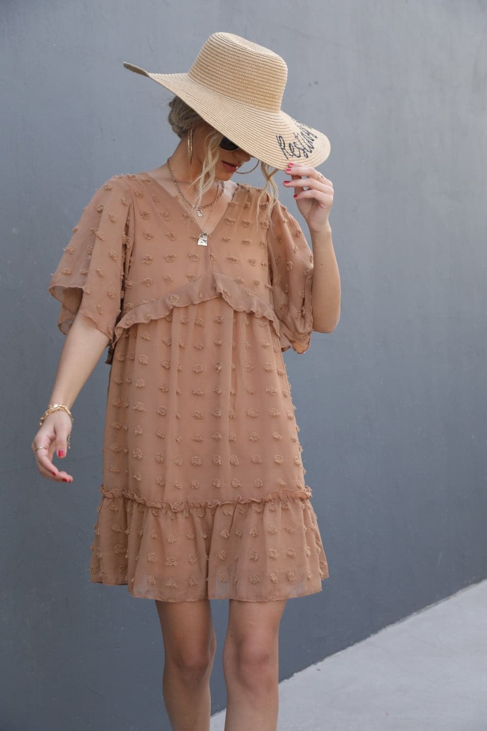 Swiss Dot V-Neck Flutter Sleeve Mini Dress.