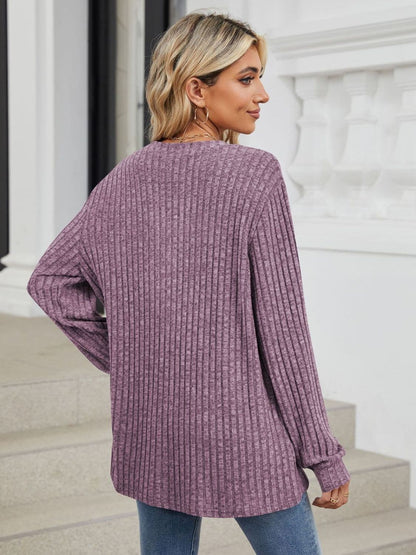 Ribbed Notched Long Sleeve T-Shirt.