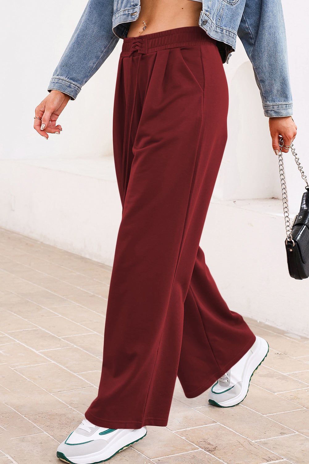 Burgundy Tied Elastic High Waist Pleated Detail Sweatpants For Women Dear-Lover Dropshipping