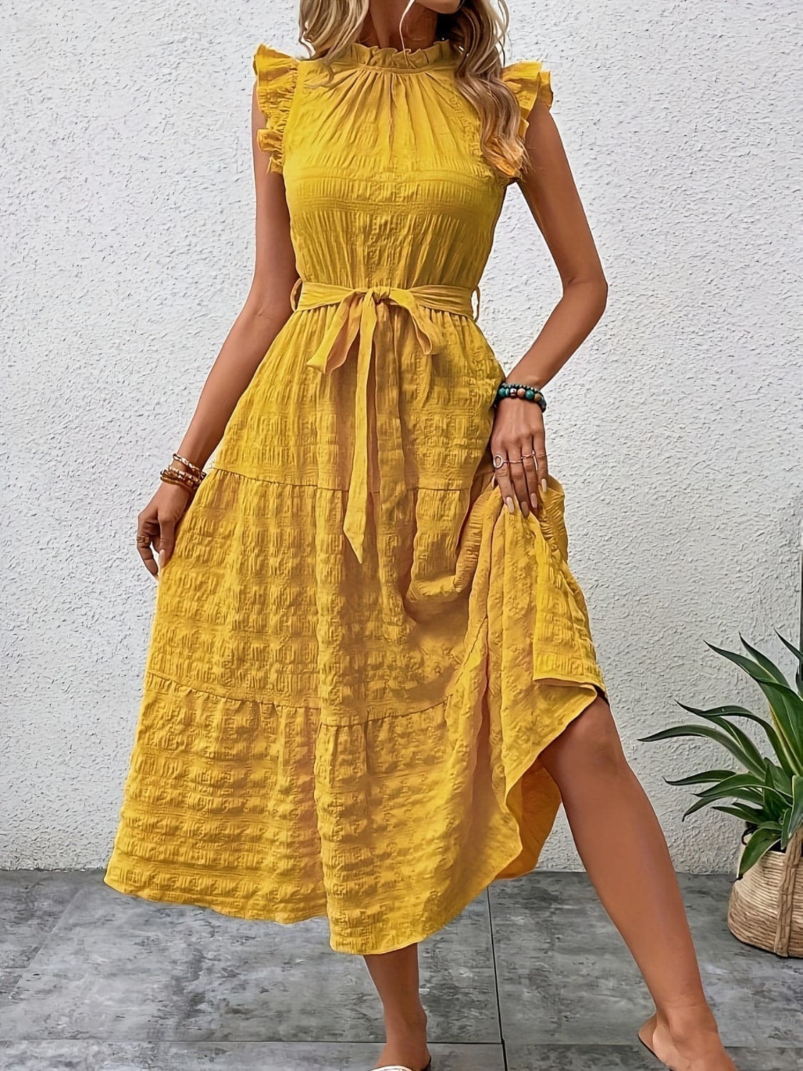 Tied Ruffled Cap Sleeve Midi Dress.