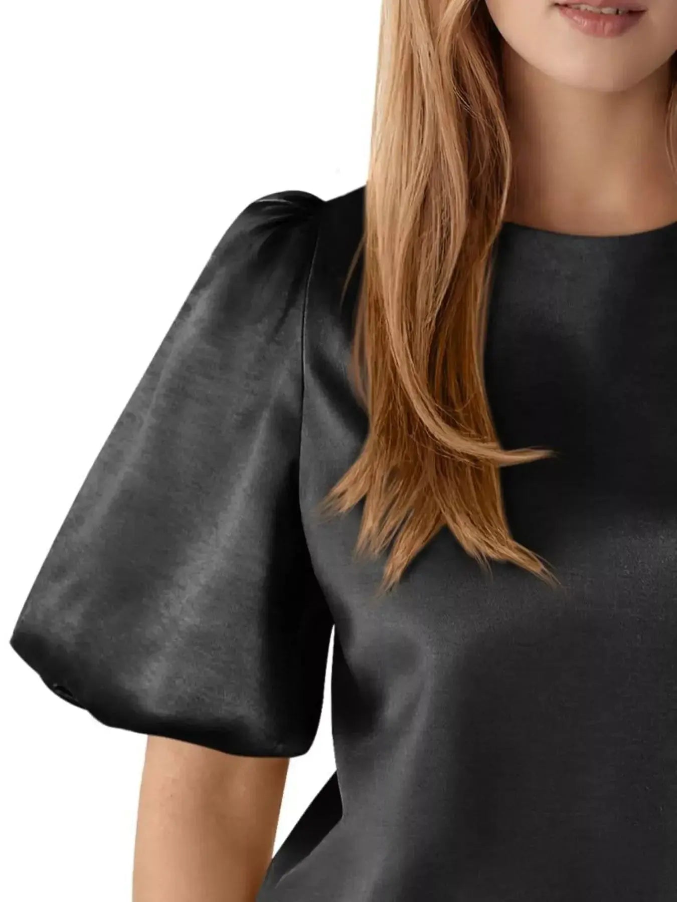 Round Neck Puff Sleeve Satin Top Simply Love