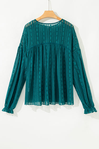 Premium Evergreen Sheer Lace Balloon Sleeve Babydoll Blouse