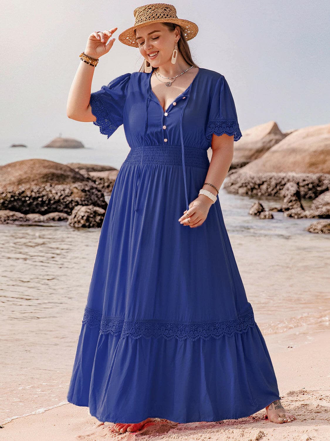 Plus Size Lace Detail Tie Neck Short Sleeve Maxi DressPlus Size Lace Detail Tie Neck Short Sleeve Maxi Dress
 Indulge in elegance with our Plus Size Lace Detail Tie Neck Short Sleeve Maxi Dress. Perfect for any special Love Salve Size Lace Detail Tie Neck Short Sleeve Maxi DressMaxi Dresses