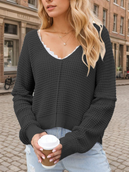 Chic V-neck long sleeve knit sweater