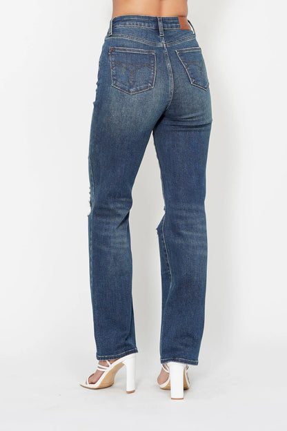 Judy Blue Plus Size High Waisted Ripped Knee Dad Jeans - Love Salve 