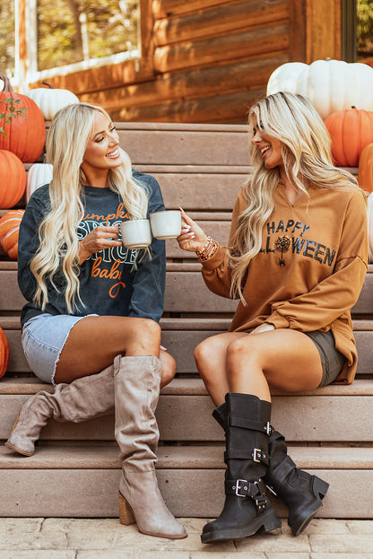 Chic chestnut Halloween top with sequin graphic and long sleeves