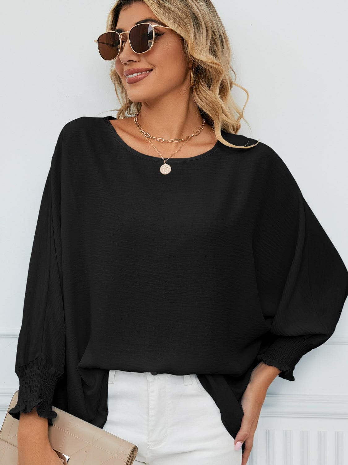 Smocked Lantern Sleeve Round Neck Blouse.