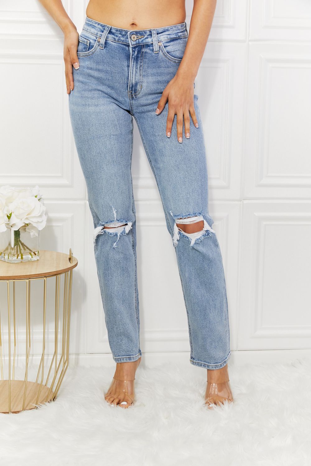 Kancan High Rise Distressed Slim Straight Jeans Coco’s Tee Boutique
