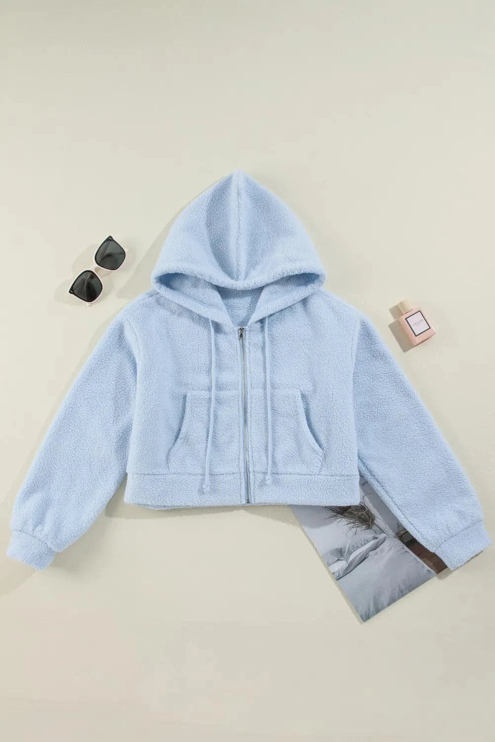 Chic sheer pocketed zip-up hoodie with drawstrings