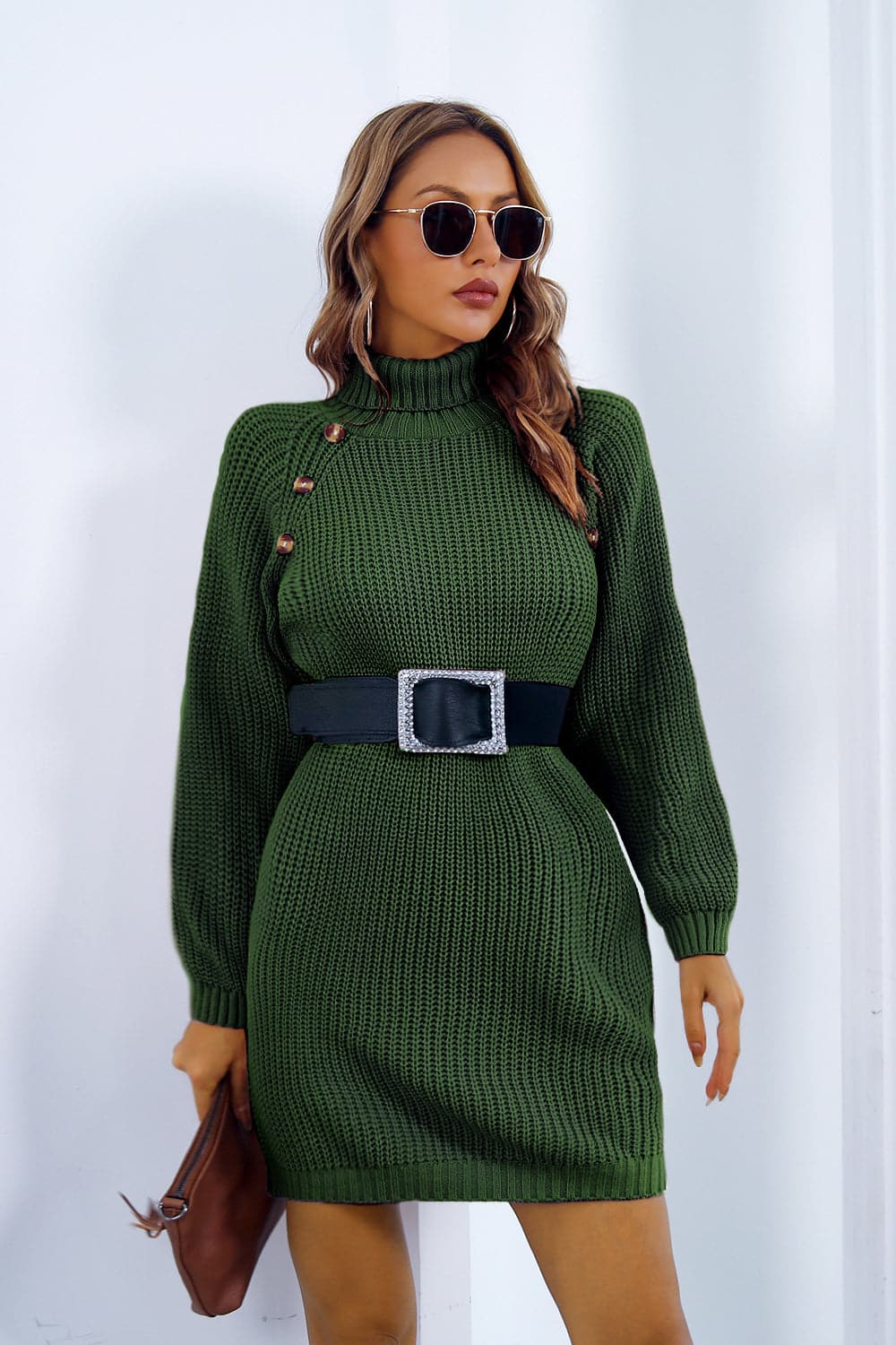 Buttoned Turtleneck Long Sleeve Sweater Dress.