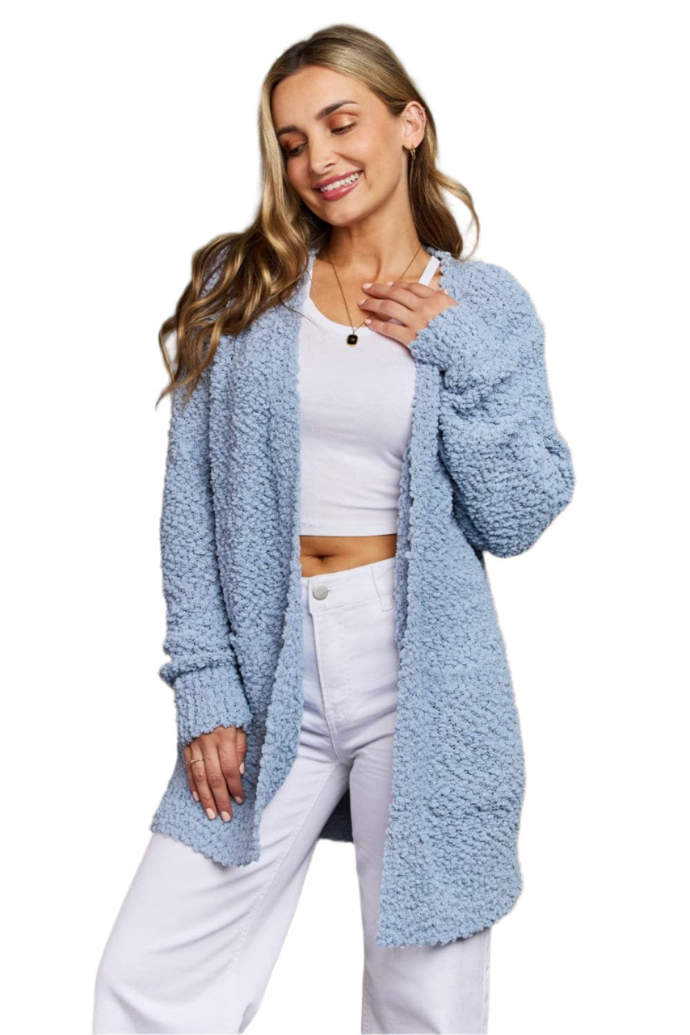 Zenana Falling For You Full Size Open Front Popcorn Cardigan.