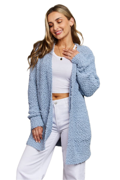 Zenana Falling For You Full Size Open Front Popcorn Cardigan.