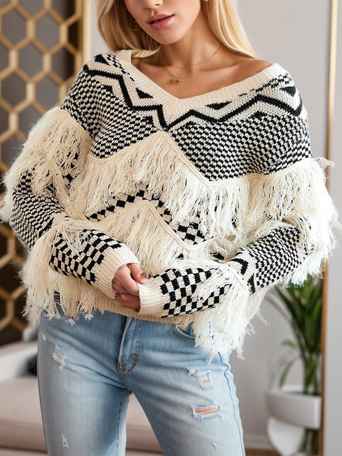 Geometric Fringe Detail V-Neck Sweater.