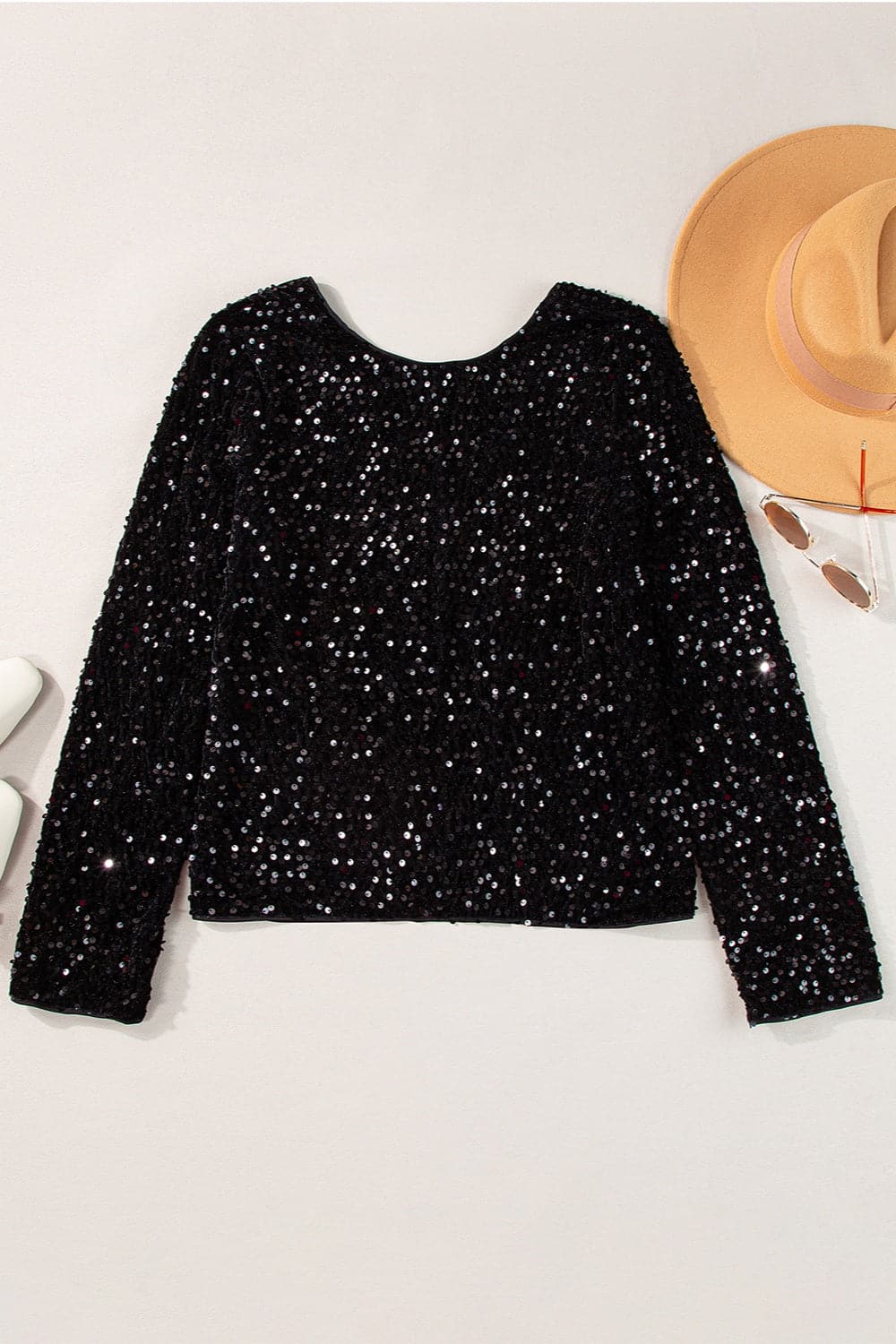 Sequin Round Neck Long Sleeve Blouse.