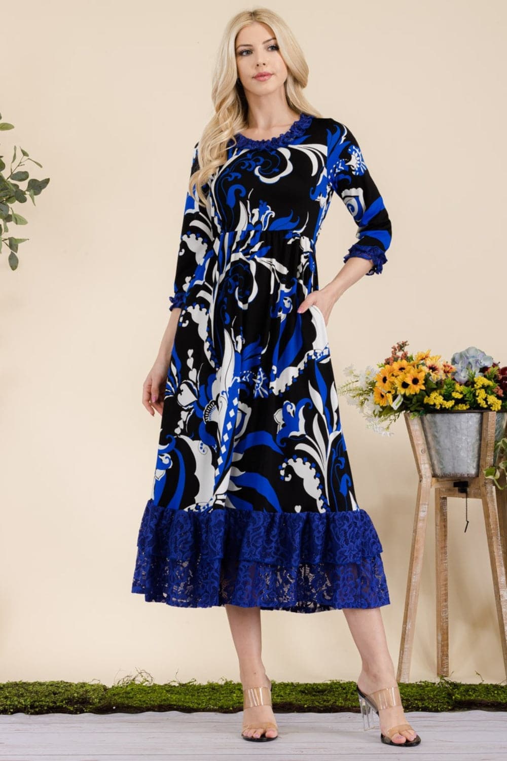 Celeste paisley print midi dress with lace ruffles and pockets