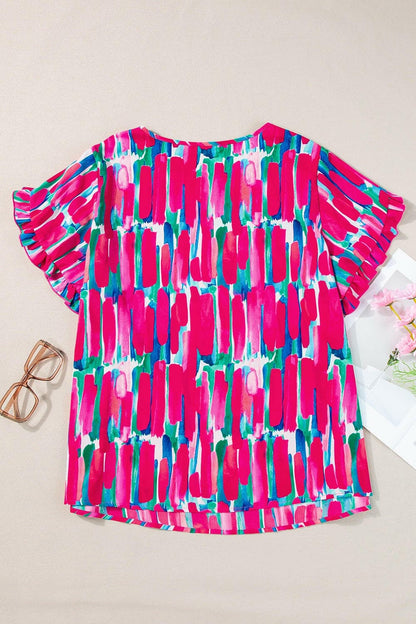 Plus Size Printed Round Neck Petal Sleeve Blouse.