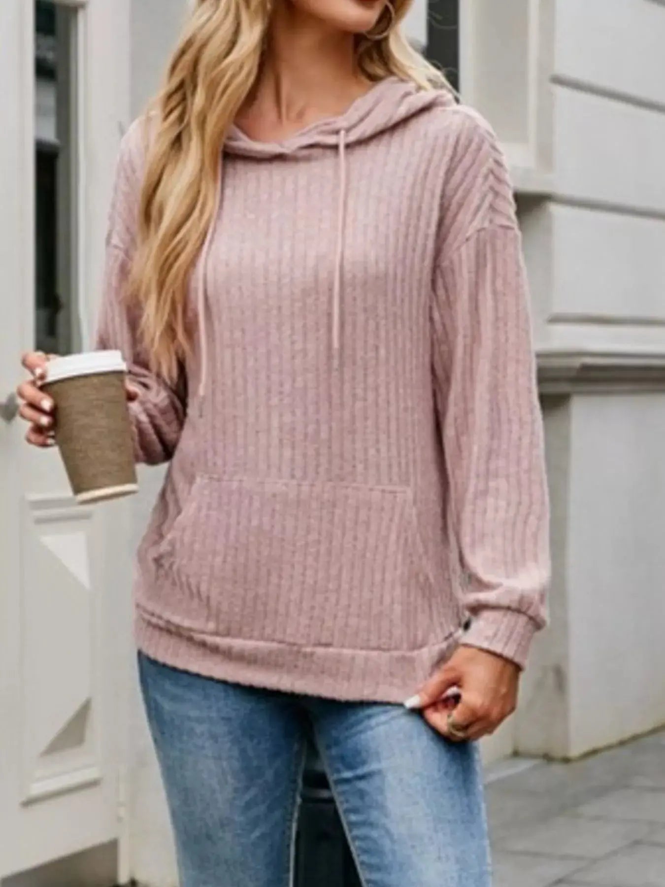 Casual Ribbed Knit Hoodie With Drawstring Front Pocket Simply Love