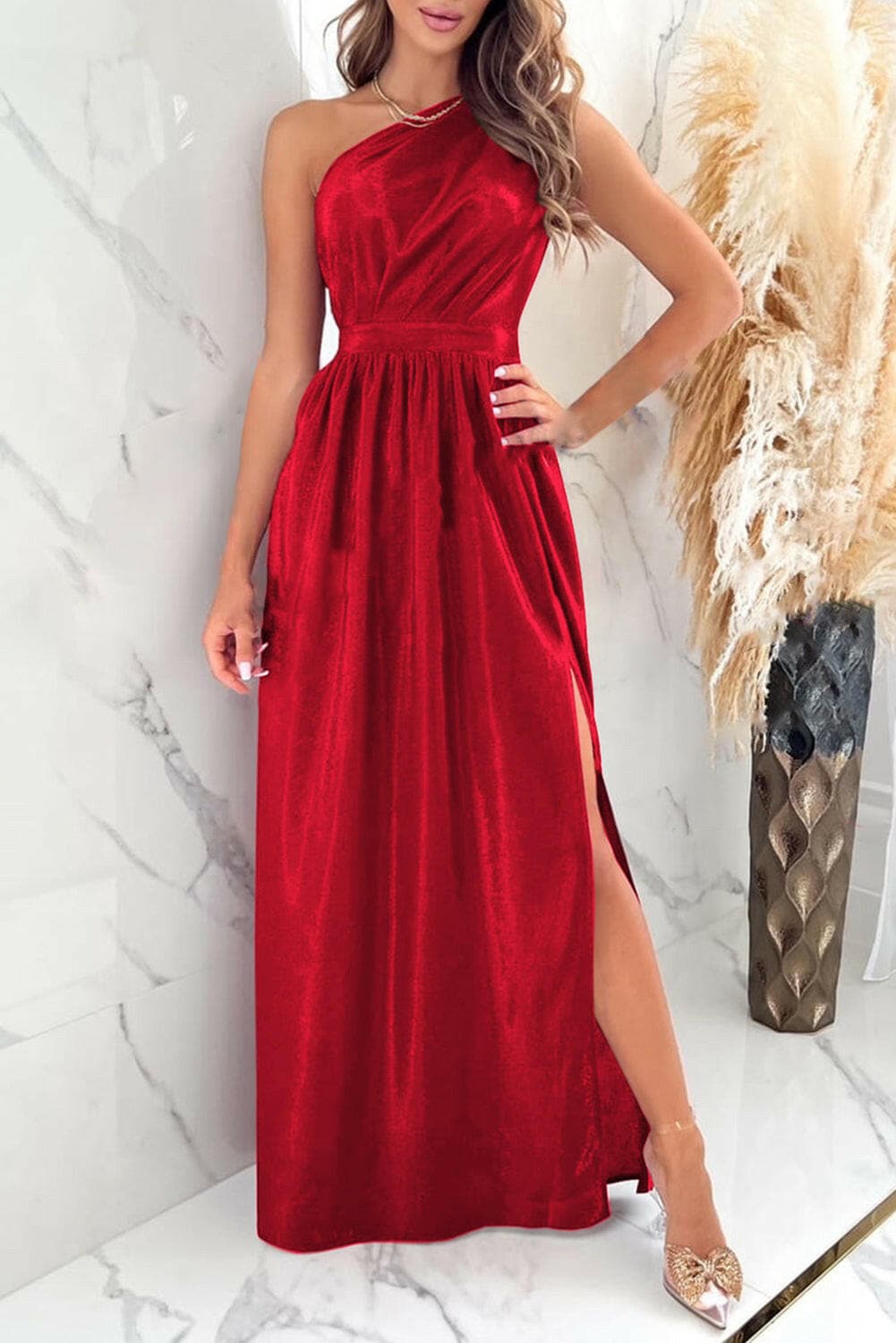 One Shoulder Slit Ruched Maxi Dress.