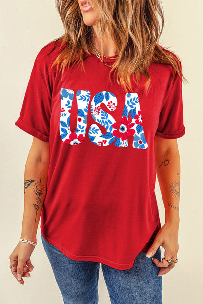 Red USA round neck short sleeve tee with floral design, comfortable fit.