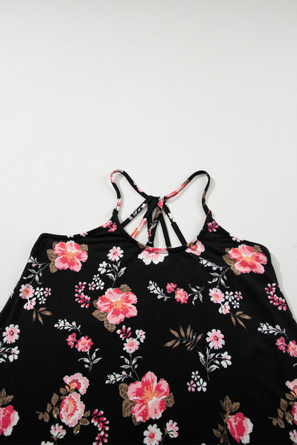 Chic black floral strappy tank top with daring back design